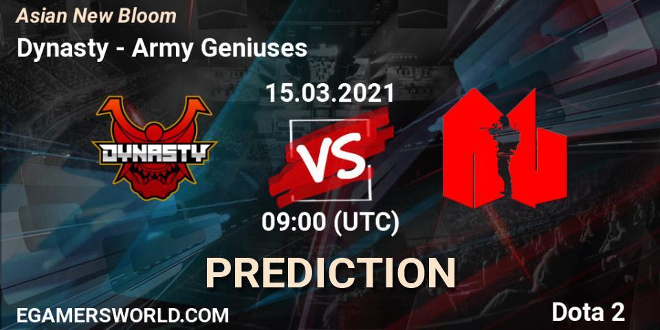 Prognose für das Spiel Dynasty VS Army Geniuses. 15.03.2021 at 09:35. Dota 2 - Asian New Bloom