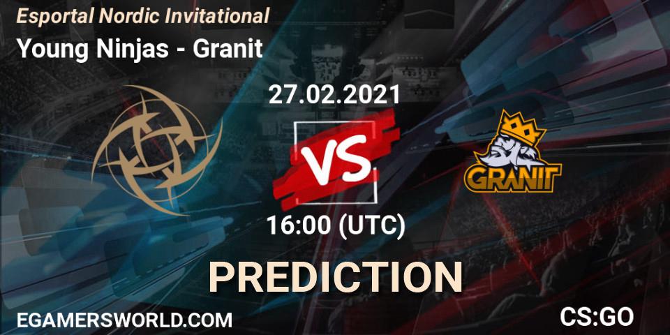Prognose für das Spiel Young Ninjas VS Granit. 27.02.2021 at 16:00. Counter-Strike (CS2) - Esportal Nordic Invitational