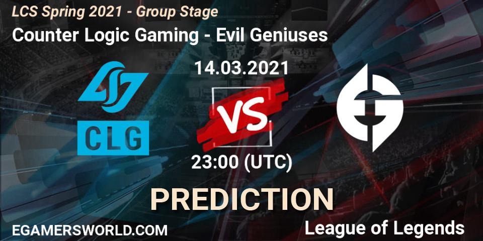 Prognose für das Spiel Counter Logic Gaming VS Evil Geniuses. 14.03.21. LoL - LCS Spring 2021 - Group Stage