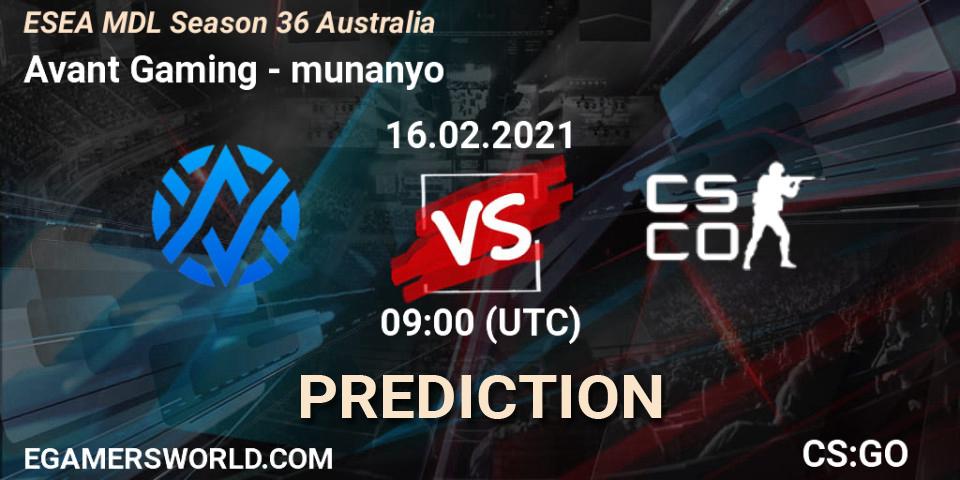 Prognose für das Spiel Avant Gaming VS munanyo. 16.02.21. CS2 (CS:GO) - MDL ESEA Season 36: Australia - Premier Division