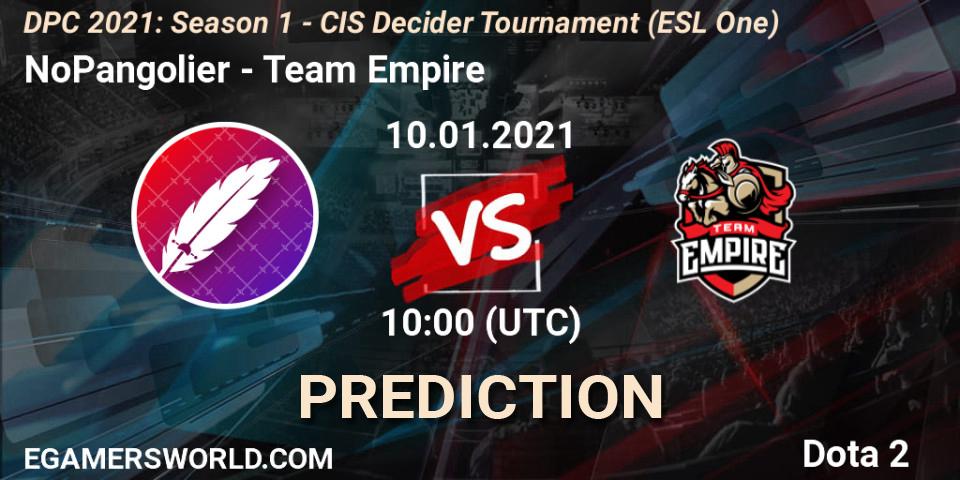 Prognose für das Spiel NoPangolier VS Team Empire. 10.01.2021 at 10:00. Dota 2 - DPC 2021: Season 1 - CIS Decider Tournament (ESL One)