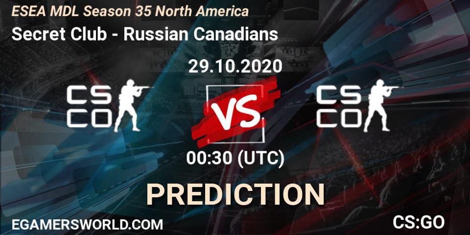 Prognose für das Spiel Secret Club VS Russian Canadians. 29.10.2020 at 00:30. Counter-Strike (CS2) - ESEA MDL Season 35 North America