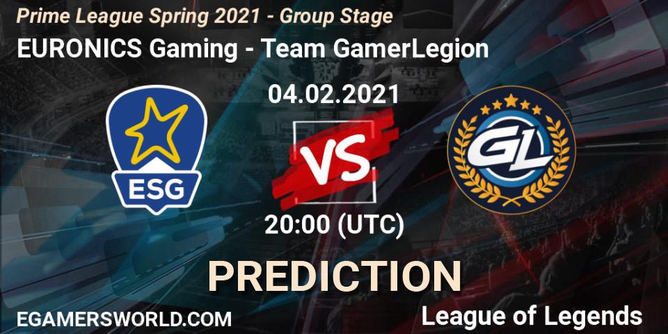 Prognose für das Spiel EURONICS Gaming VS Team GamerLegion. 04.02.21. LoL - Prime League Spring 2021 - Group Stage
