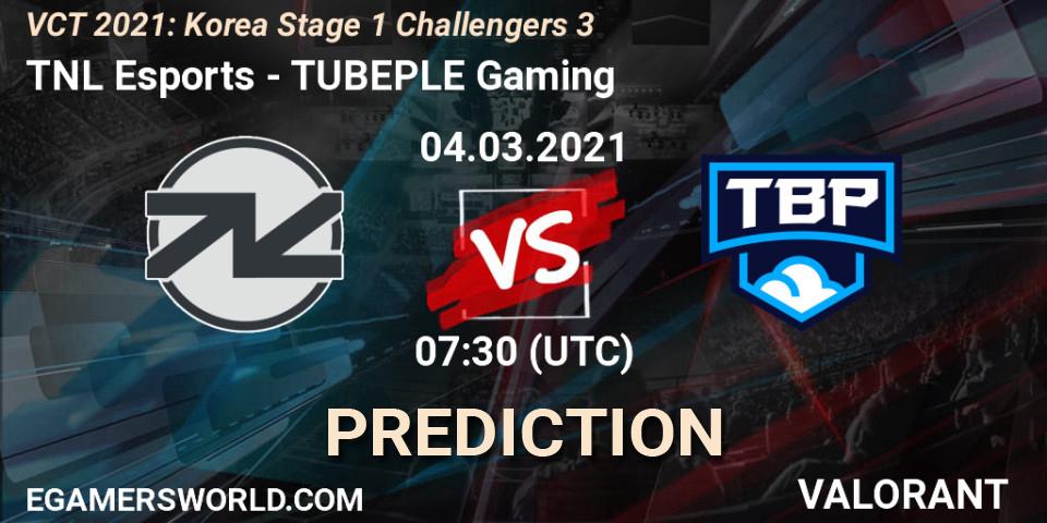 Prognose für das Spiel TNL Esports VS TUBEPLE Gaming. 04.03.2021 at 07:30. VALORANT - VCT 2021: Korea Stage 1 Challengers 3