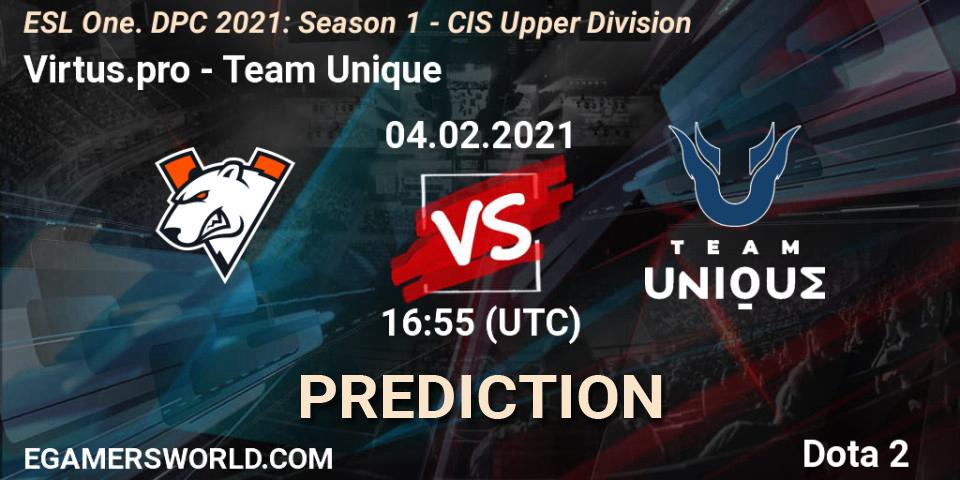 Prognose für das Spiel Virtus.pro VS Team Unique. 04.02.2021 at 17:41. Dota 2 - ESL One. DPC 2021: Season 1 - CIS Upper Division