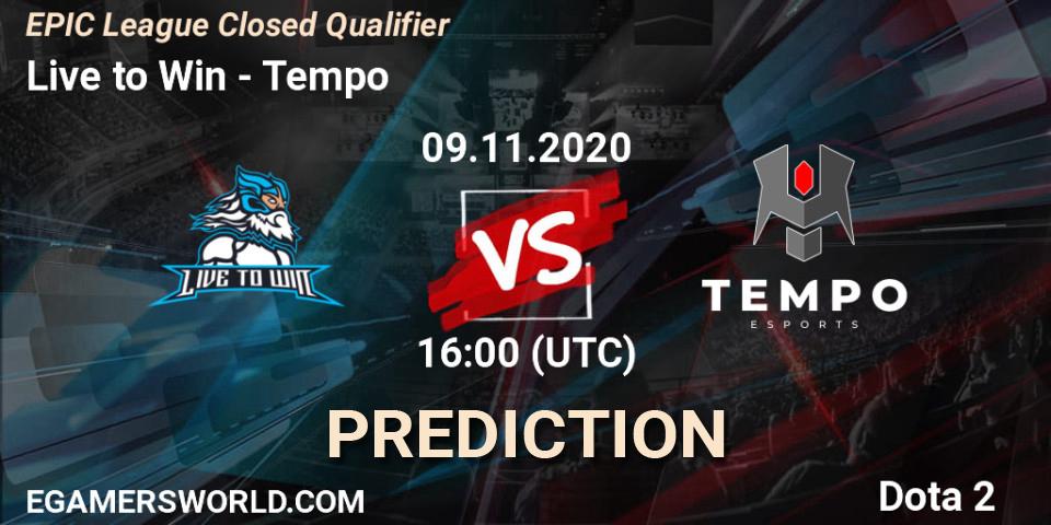 Prognose für das Spiel Live to Win VS Tempo. 09.11.2020 at 16:42. Dota 2 - EPIC League Closed Qualifier