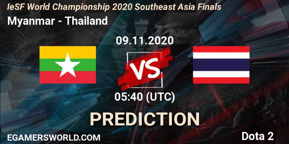 Prognose für das Spiel Myanmar VS Thailand. 09.11.2020 at 05:40. Dota 2 - IeSF World Championship 2020 Southeast Asia Finals