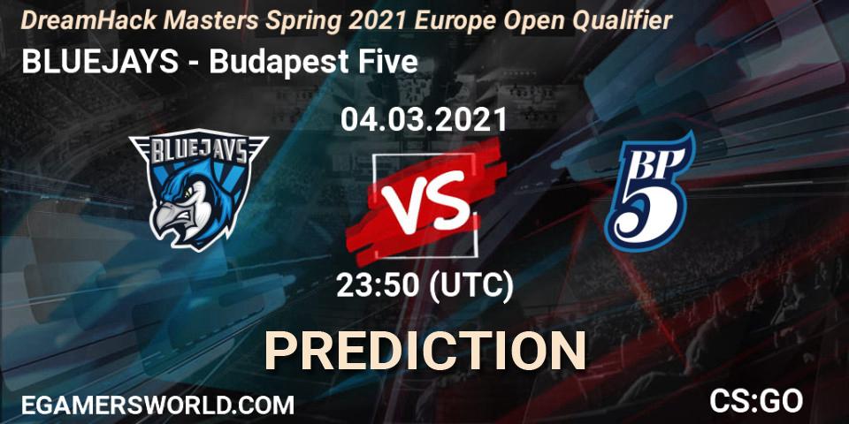 Prognose für das Spiel BLUEJAYS VS Budapest Five. 04.03.2021 at 23:50. Counter-Strike (CS2) - DreamHack Masters Spring 2021 Europe Open Qualifier