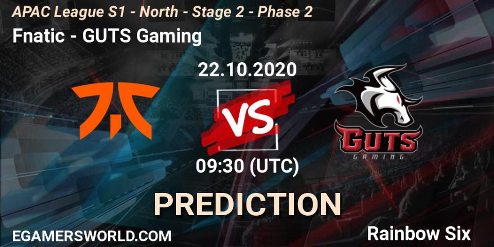 Prognose für das Spiel Fnatic VS GUTS Gaming. 22.10.2020 at 09:30. Rainbow Six - APAC League S1 - North - Stage 2 - Phase 2