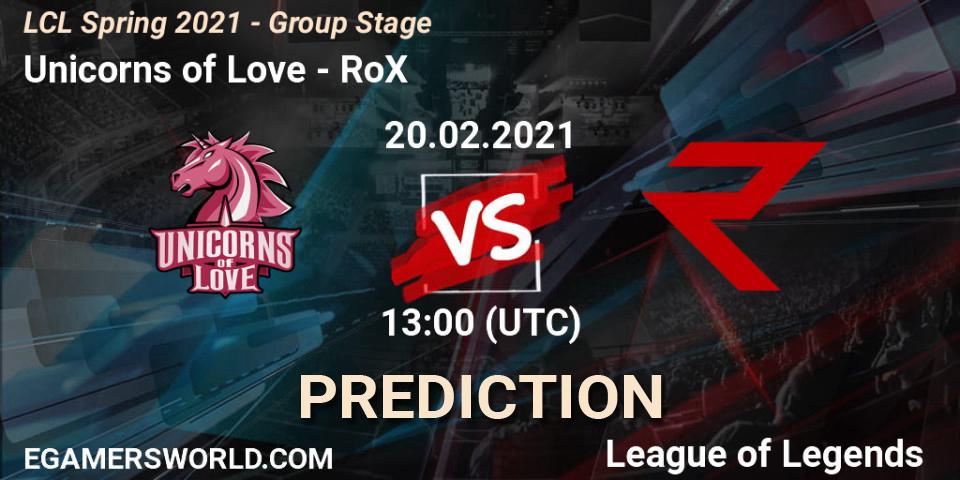 Prognose für das Spiel Unicorns of Love VS RoX. 20.02.21. LoL - LCL Spring 2021 - Group Stage