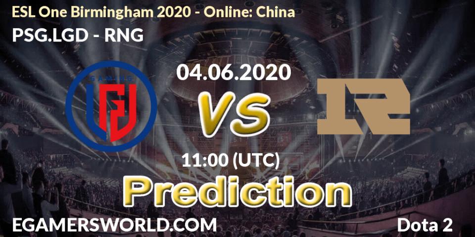 Prognose für das Spiel PSG.LGD VS RNG. 04.06.2020 at 11:00. Dota 2 - ESL One Birmingham 2020 - Online: China