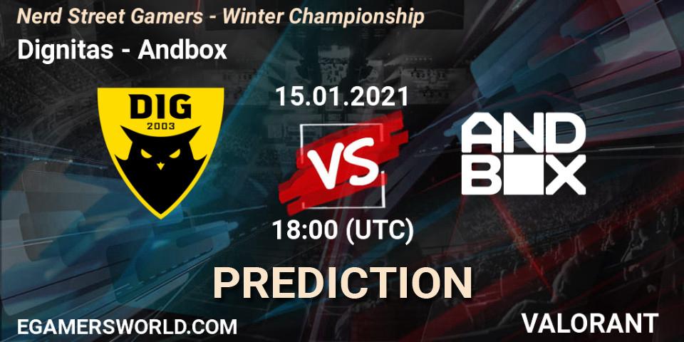 Prognose für das Spiel Dignitas VS Andbox. 15.01.2021 at 18:00. VALORANT - Nerd Street Gamers - Winter Championship