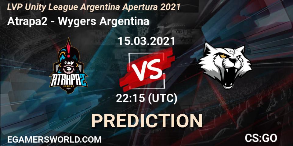 Prognose für das Spiel Atrapa2 VS Wygers Argentina. 15.03.2021 at 22:15. Counter-Strike (CS2) - LVP Unity League Argentina Apertura 2021