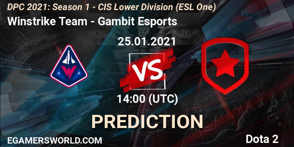 Prognose für das Spiel Winstrike Team VS Gambit Esports. 25.01.21. Dota 2 - ESL One. DPC 2021: Season 1 - CIS Lower Division