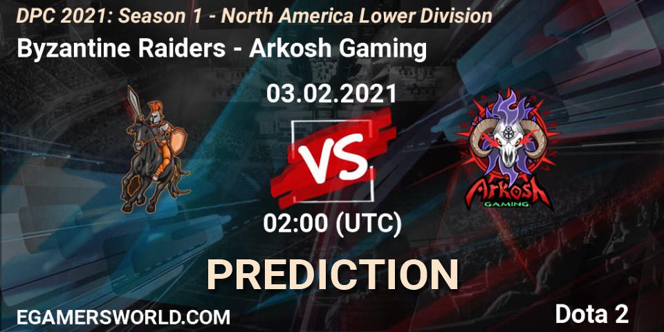 Prognose für das Spiel Byzantine Raiders VS Arkosh Gaming. 03.02.2021 at 02:00. Dota 2 - DPC 2021: Season 1 - North America Lower Division