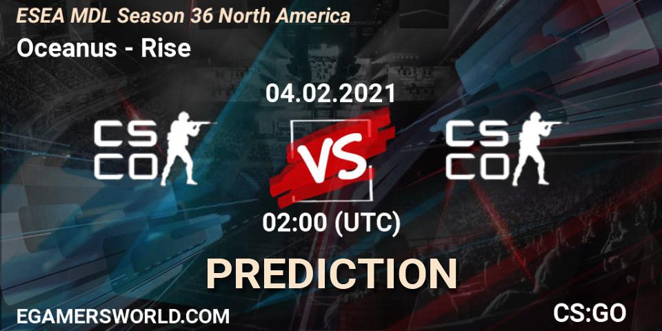 Prognose für das Spiel Oceanus VS Rise. 18.02.2021 at 02:00. Counter-Strike (CS2) - MDL ESEA Season 36: North America - Premier Division