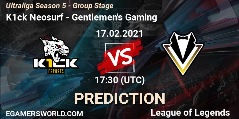 Prognose für das Spiel K1ck Neosurf VS Gentlemen's Gaming. 17.02.2021 at 17:30. LoL - Ultraliga Season 5 - Group Stage
