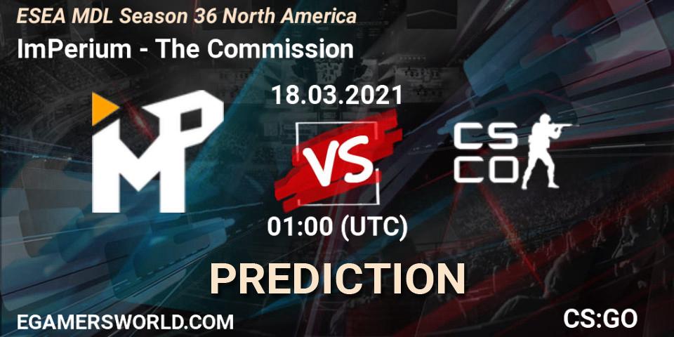 Prognose für das Spiel ImPerium VS The Commission. 18.03.2021 at 01:00. Counter-Strike (CS2) - MDL ESEA Season 36: North America - Premier Division