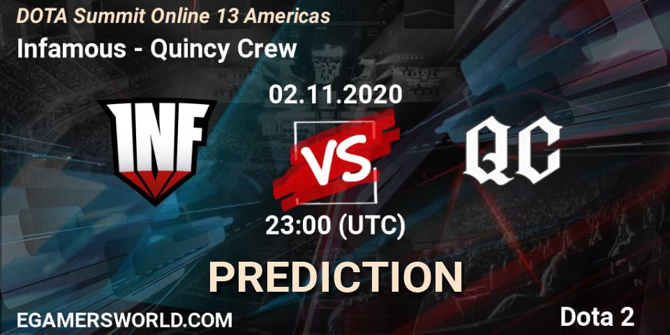 Prognose für das Spiel Infamous VS Quincy Crew. 02.11.2020 at 23:19. Dota 2 - DOTA Summit 13: Americas