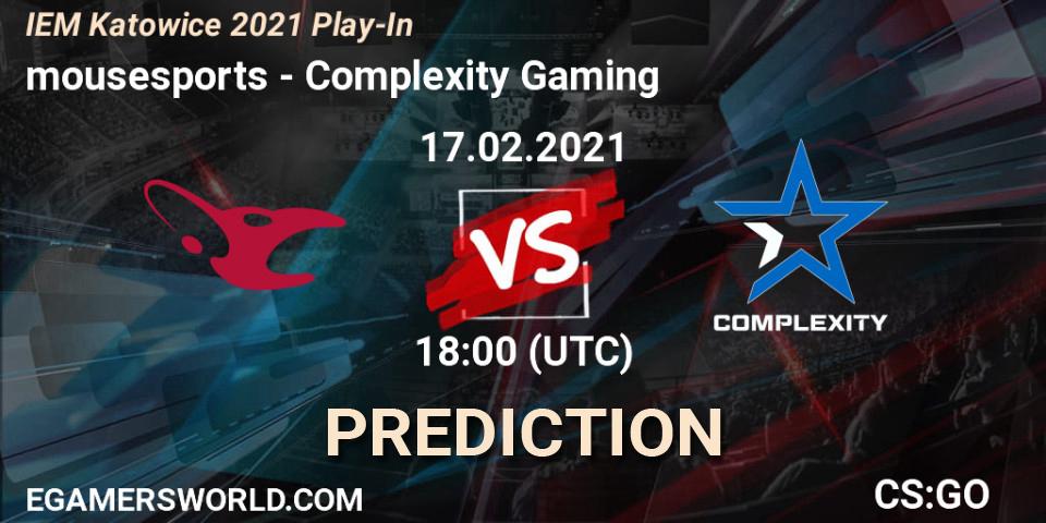 Prognose für das Spiel mousesports VS Complexity Gaming. 17.02.2021 at 18:15. Counter-Strike (CS2) - IEM Katowice 2021 Play-In