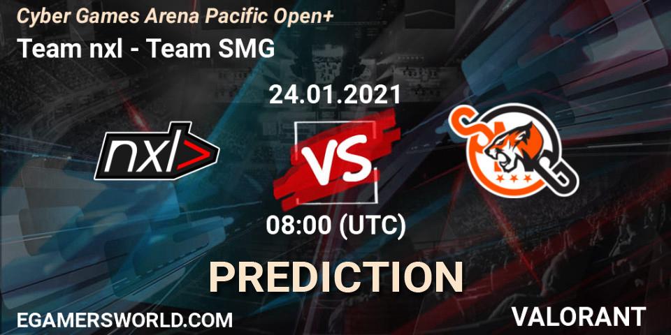 Prognose für das Spiel Team nxl VS Team SMG. 24.01.2021 at 08:00. VALORANT - Cyber Games Arena Pacific Open+