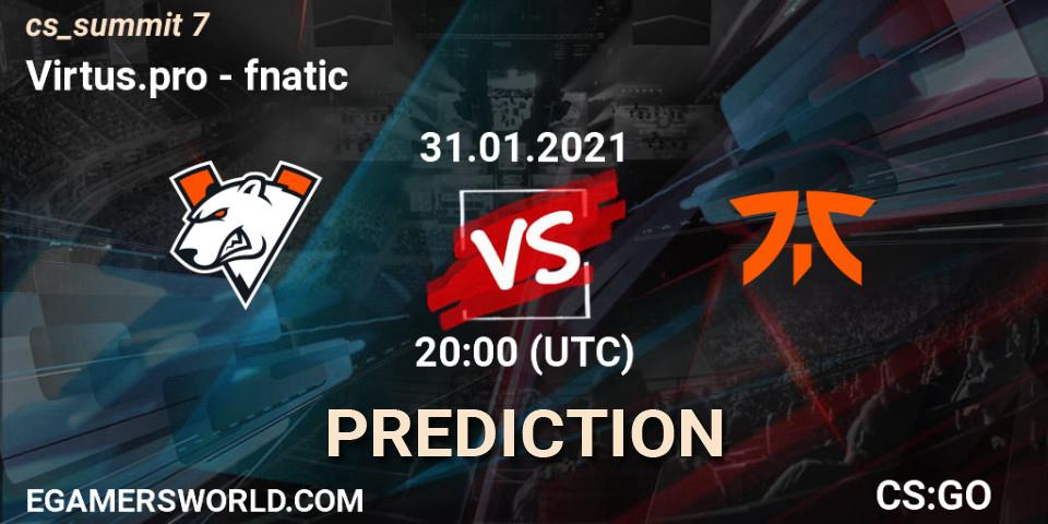 Prognose für das Spiel Virtus.pro VS fnatic. 31.01.2021 at 20:00. Counter-Strike (CS2) - cs_summit 7