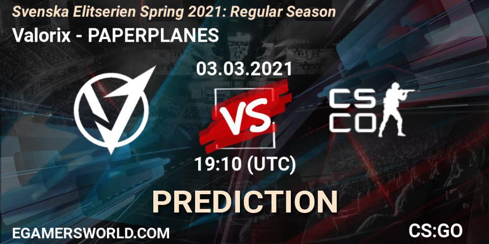 Prognose für das Spiel Valorix VS PAPERPLANES. 03.03.2021 at 19:10. Counter-Strike (CS2) - Svenska Elitserien Spring 2021: Regular Season
