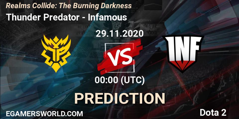 Prognose für das Spiel Thunder Predator VS Infamous. 29.11.20. Dota 2 - Realms Collide: The Burning Darkness