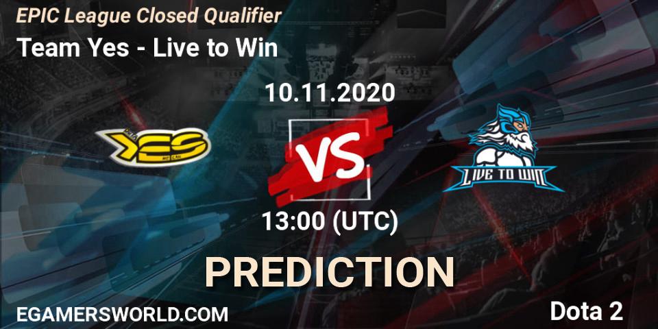 Prognose für das Spiel Team Yes VS Live to Win. 10.11.2020 at 13:00. Dota 2 - EPIC League Closed Qualifier