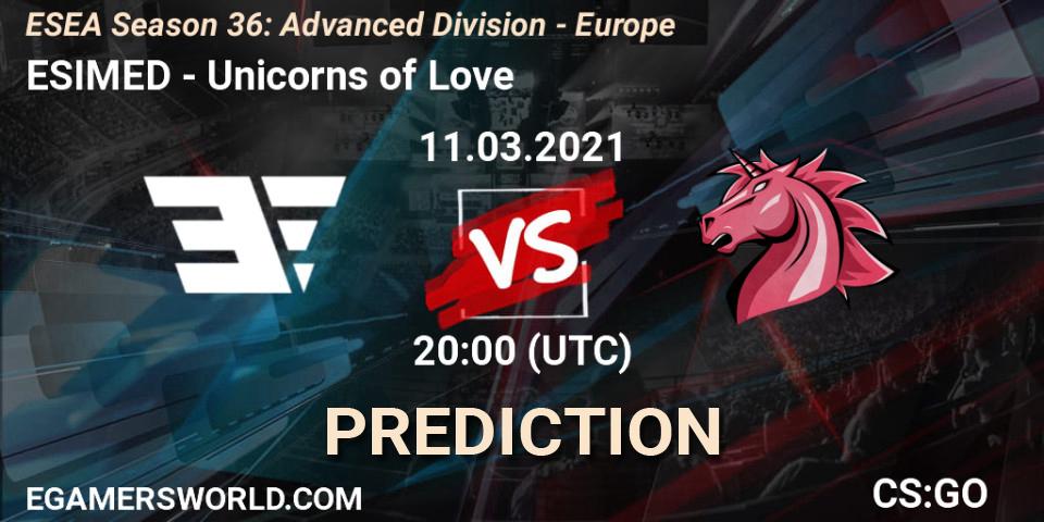 Prognose für das Spiel ESIMED VS Unicorns of Love. 11.03.2021 at 20:00. Counter-Strike (CS2) - ESEA Season 36: Europe - Advanced Division
