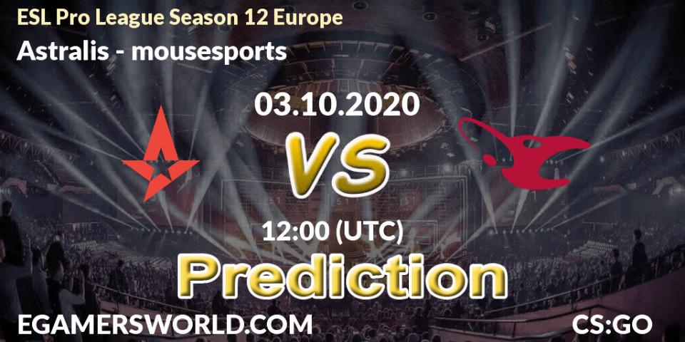 Prognose für das Spiel Astralis VS mousesports. 03.10.2020 at 12:00. Counter-Strike (CS2) - ESL Pro League Season 12 Europe