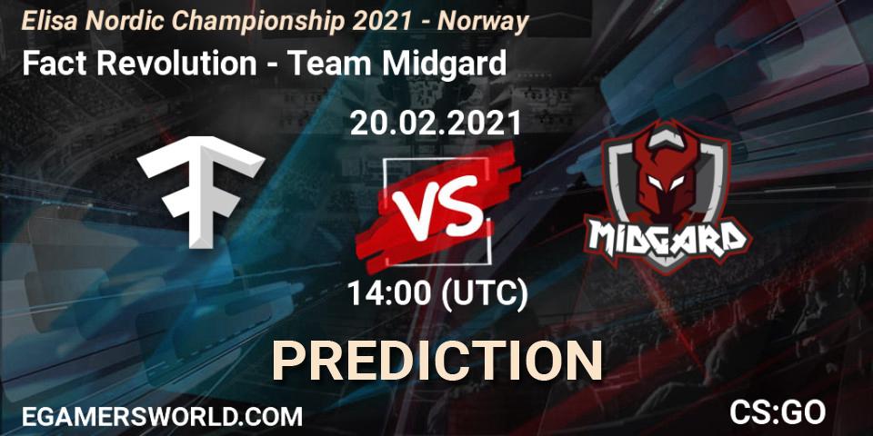 Prognose für das Spiel Fact Revolution VS Team Midgard. 20.02.2021 at 14:00. Counter-Strike (CS2) - Elisa Nordic Championship 2021 - Norway