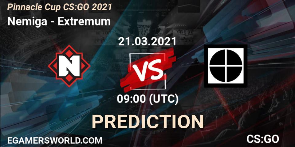 Prognose für das Spiel Nemiga VS Extremum. 21.03.2021 at 09:00. Counter-Strike (CS2) - Pinnacle Cup #1