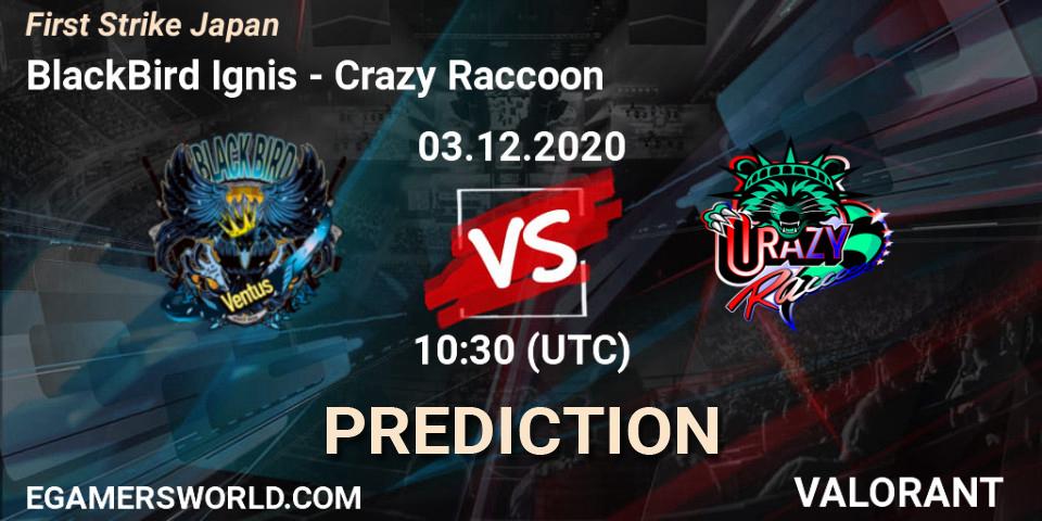 Prognose für das Spiel BlackBird Ignis VS Crazy Raccoon. 03.12.2020 at 07:00. VALORANT - First Strike Japan