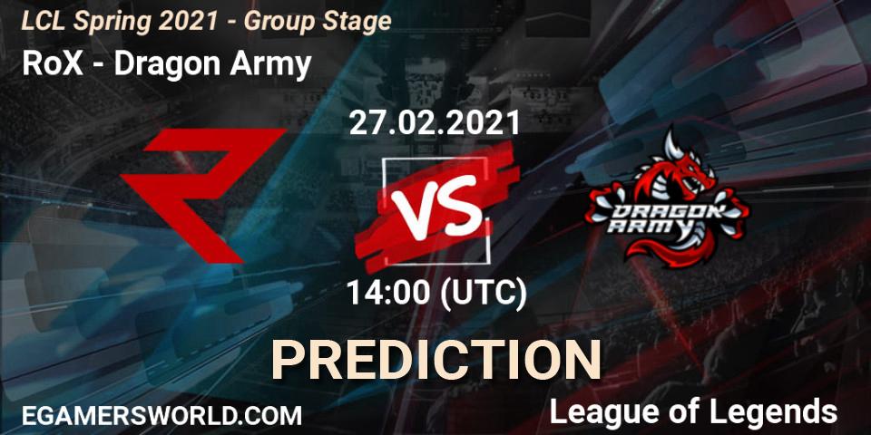Prognose für das Spiel RoX VS Dragon Army. 27.02.21. LoL - LCL Spring 2021 - Group Stage