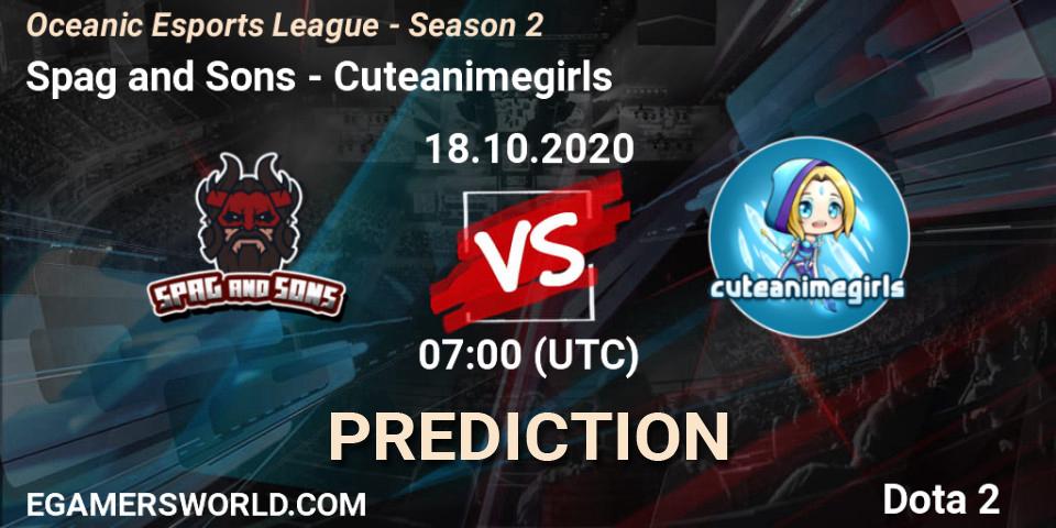 Prognose für das Spiel Spag and Sons VS Cuteanimegirls. 18.10.2020 at 09:02. Dota 2 - Oceanic Esports League - Season 2