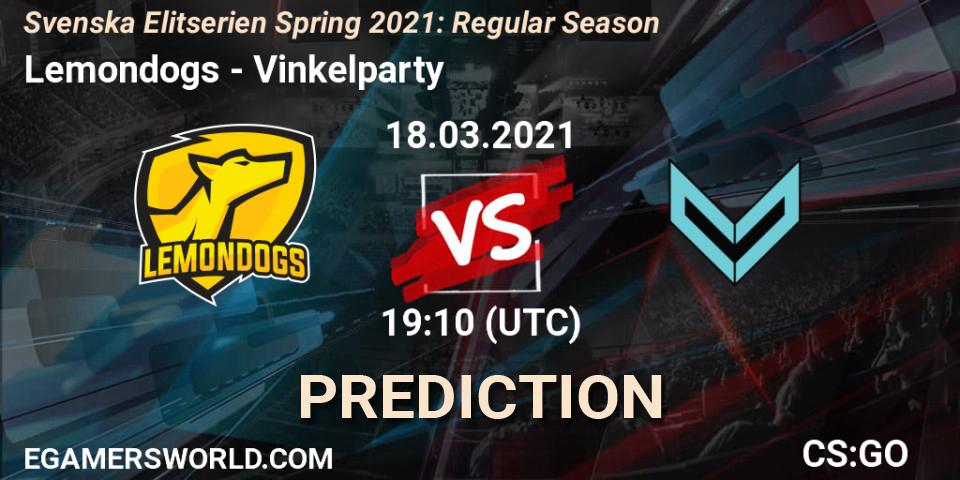 Prognose für das Spiel Lemondogs VS Vinkelparty. 18.03.2021 at 19:10. Counter-Strike (CS2) - Svenska Elitserien Spring 2021: Regular Season