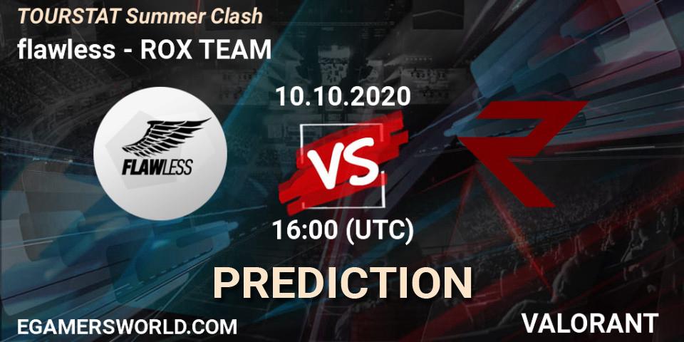 Prognose für das Spiel flawless VS ROX TEAM. 10.10.2020 at 16:00. VALORANT - TOURSTAT Summer Clash
