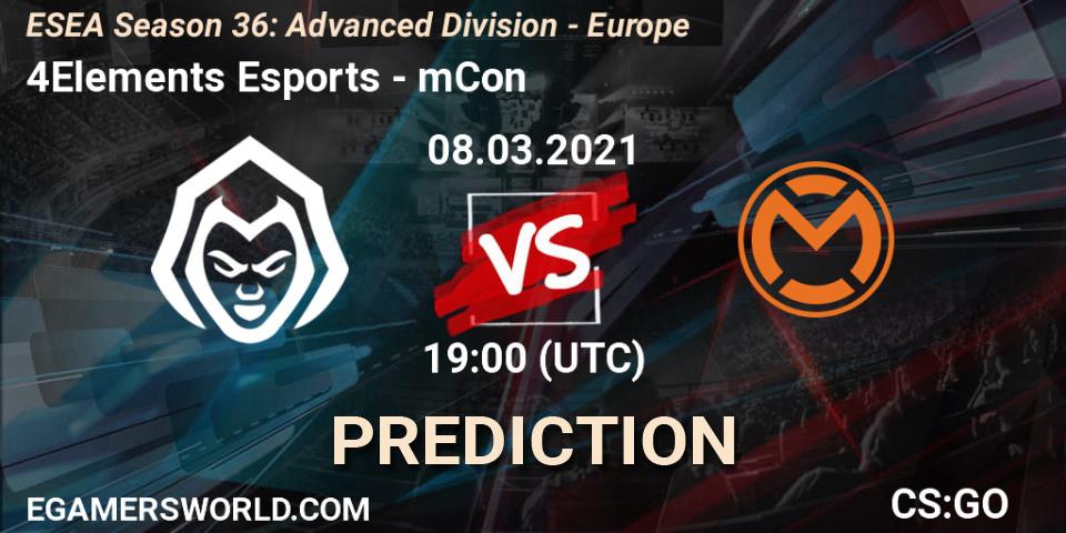 Prognose für das Spiel 4Elements Esports VS mCon. 08.03.2021 at 19:00. Counter-Strike (CS2) - ESEA Season 36: Europe - Advanced Division