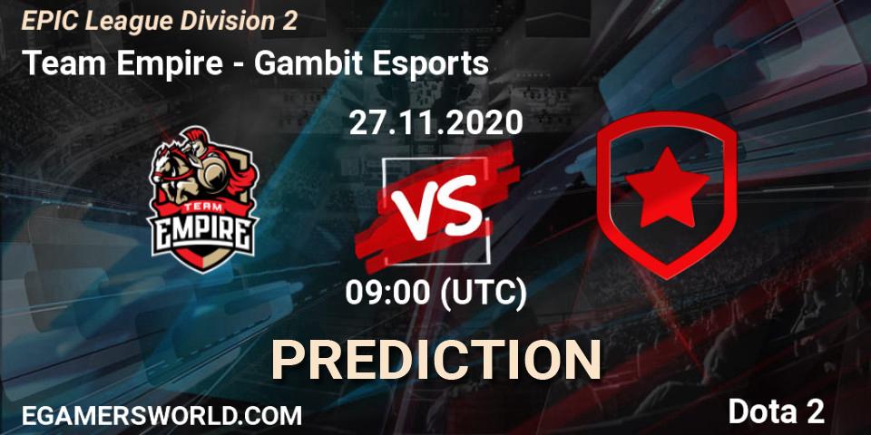 Prognose für das Spiel Team Empire VS Gambit Esports. 27.11.20. Dota 2 - EPIC League Division 2