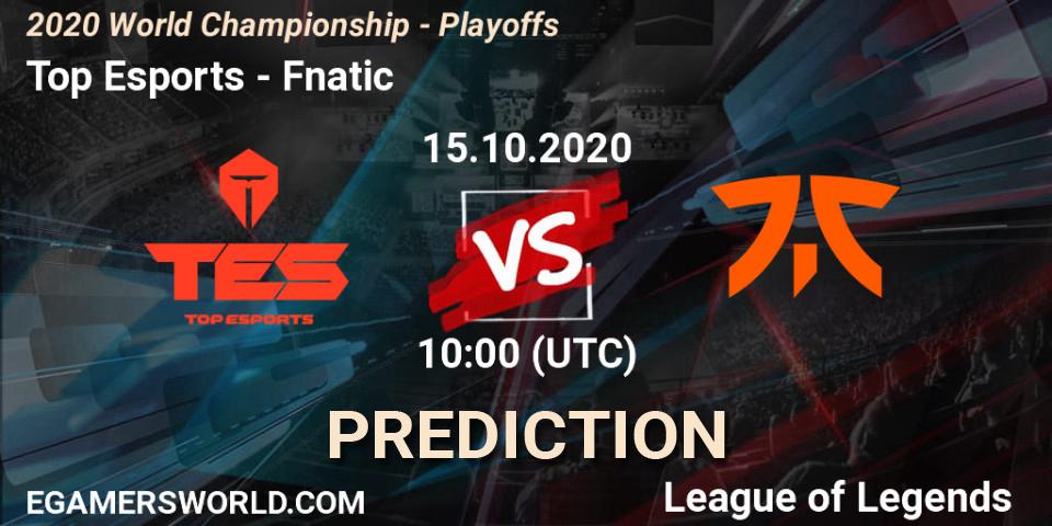 Prognose für das Spiel Top Esports VS Fnatic. 17.10.2020 at 09:26. LoL - 2020 World Championship - Playoffs