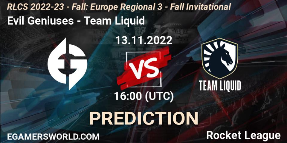 Prognose für das Spiel Evil Geniuses VS Team Liquid. 13.11.22. Rocket League - RLCS 2022-23 - Fall: Europe Regional 3 - Fall Invitational