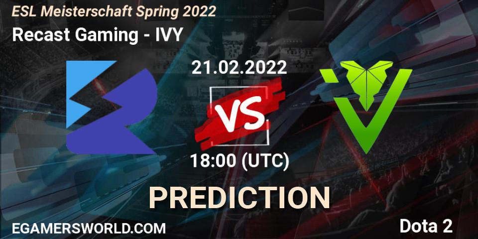 Prognose für das Spiel Recast Gaming VS IVY. 21.02.2022 at 18:02. Dota 2 - ESL Meisterschaft Spring 2022