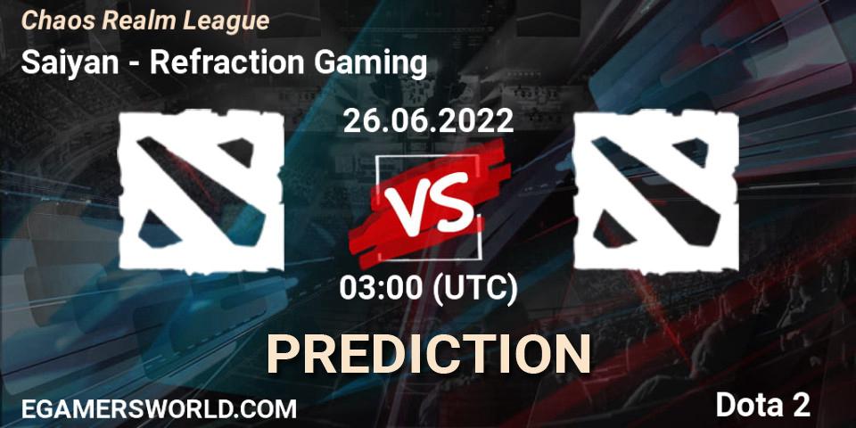 Prognose für das Spiel Saiyan VS Refraction Gaming. 26.06.2022 at 03:24. Dota 2 - Chaos Realm League 