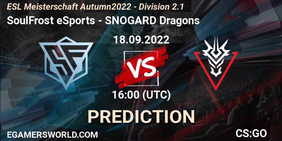 Prognose für das Spiel SoulFrost eSports VS SNOGARD Dragons. 18.09.2022 at 16:00. Counter-Strike (CS2) - ESL Meisterschaft Autumn 2022 - Division 2.1