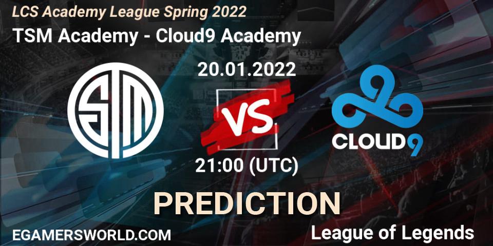 Prognose für das Spiel TSM Academy VS Cloud9 Academy. 20.01.2022 at 21:00. LoL - LCS Academy League Spring 2022