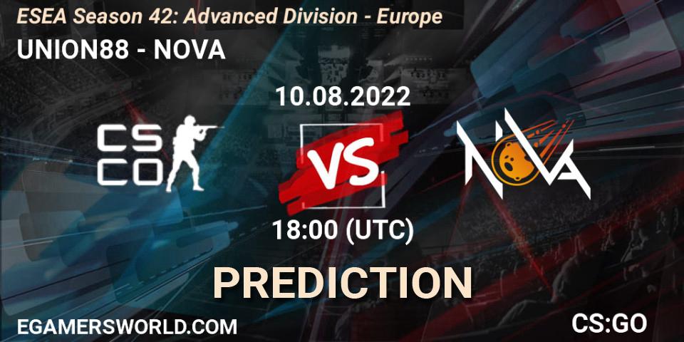 Prognose für das Spiel UNION88 VS NOVA. 10.08.2022 at 18:00. Counter-Strike (CS2) - ESEA Season 42: Advanced Division - Europe