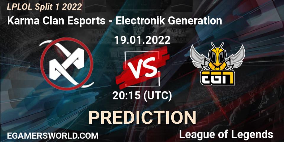 Prognose für das Spiel Karma Clan Esports VS Electronik Generation. 19.01.2022 at 20:00. LoL - LPLOL Split 1 2022