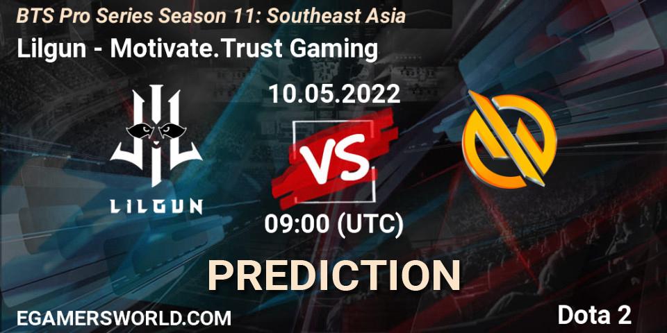 Prognose für das Spiel Lilgun VS Motivate.Trust Gaming. 10.05.2022 at 09:00. Dota 2 - BTS Pro Series Season 11: Southeast Asia