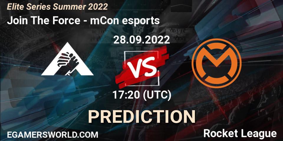 Prognose für das Spiel Join The Force VS mCon esports. 28.09.2022 at 17:20. Rocket League - Elite Series Summer 2022